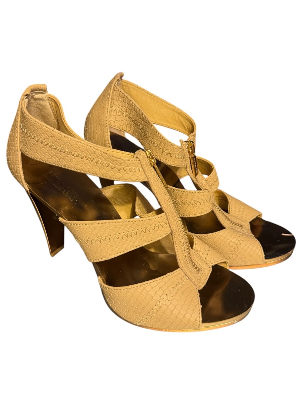Michael Michael Kors Beige Snake Embossed T Strap Heels Womens 7.5M Zip Back